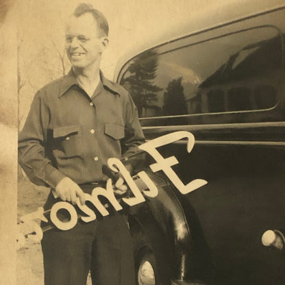 Vintage Photo Photograph Print Lot of 2 Man with Panel Van Attaching Sign
