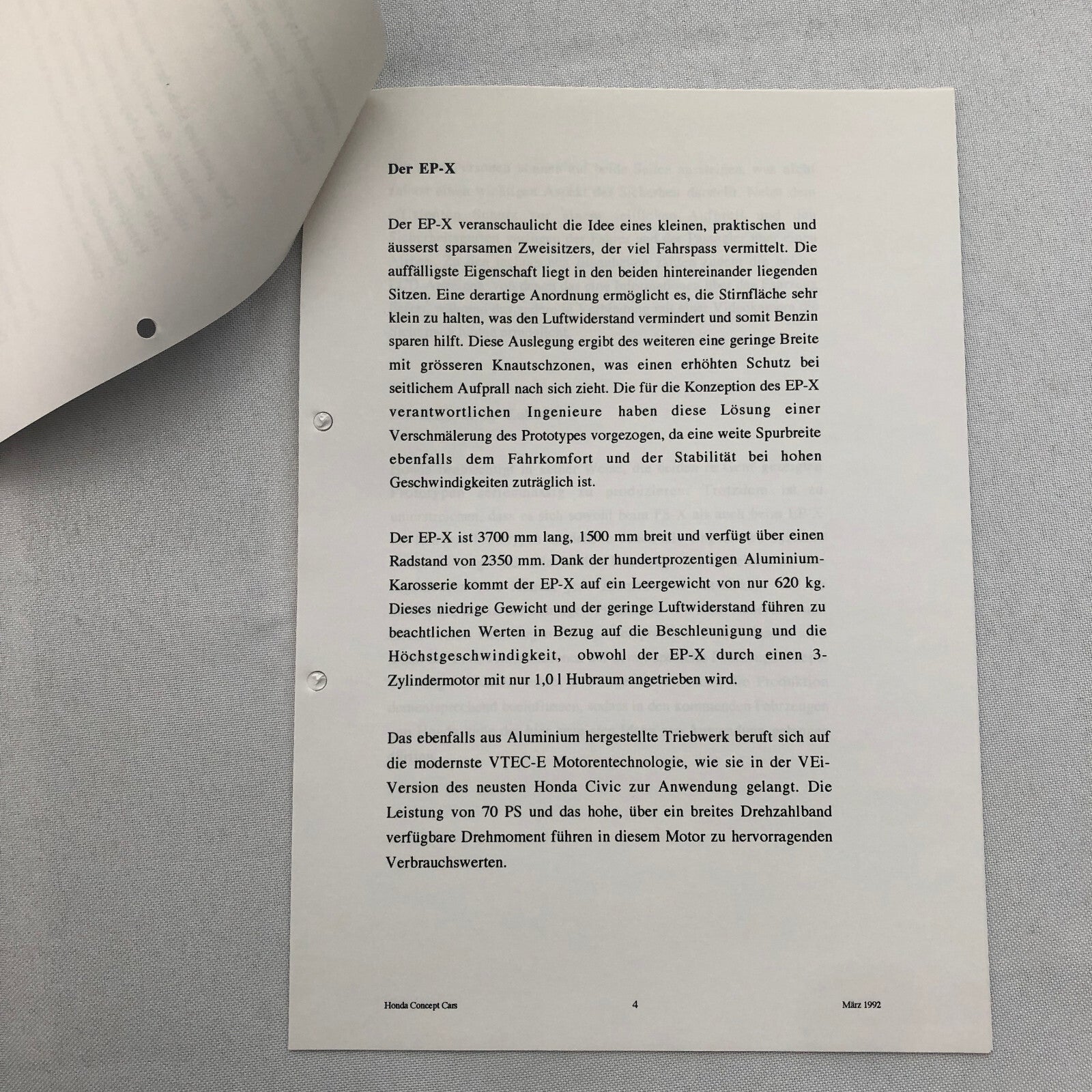 Honda EP-X and FS-X Concept Car Prototype Press Kit GERMAN Text 1992 Photos