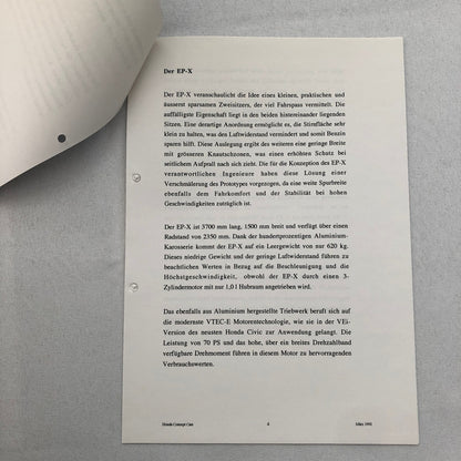 Honda EP-X and FS-X Concept Car Prototype Press Kit GERMAN Text 1992 Photos