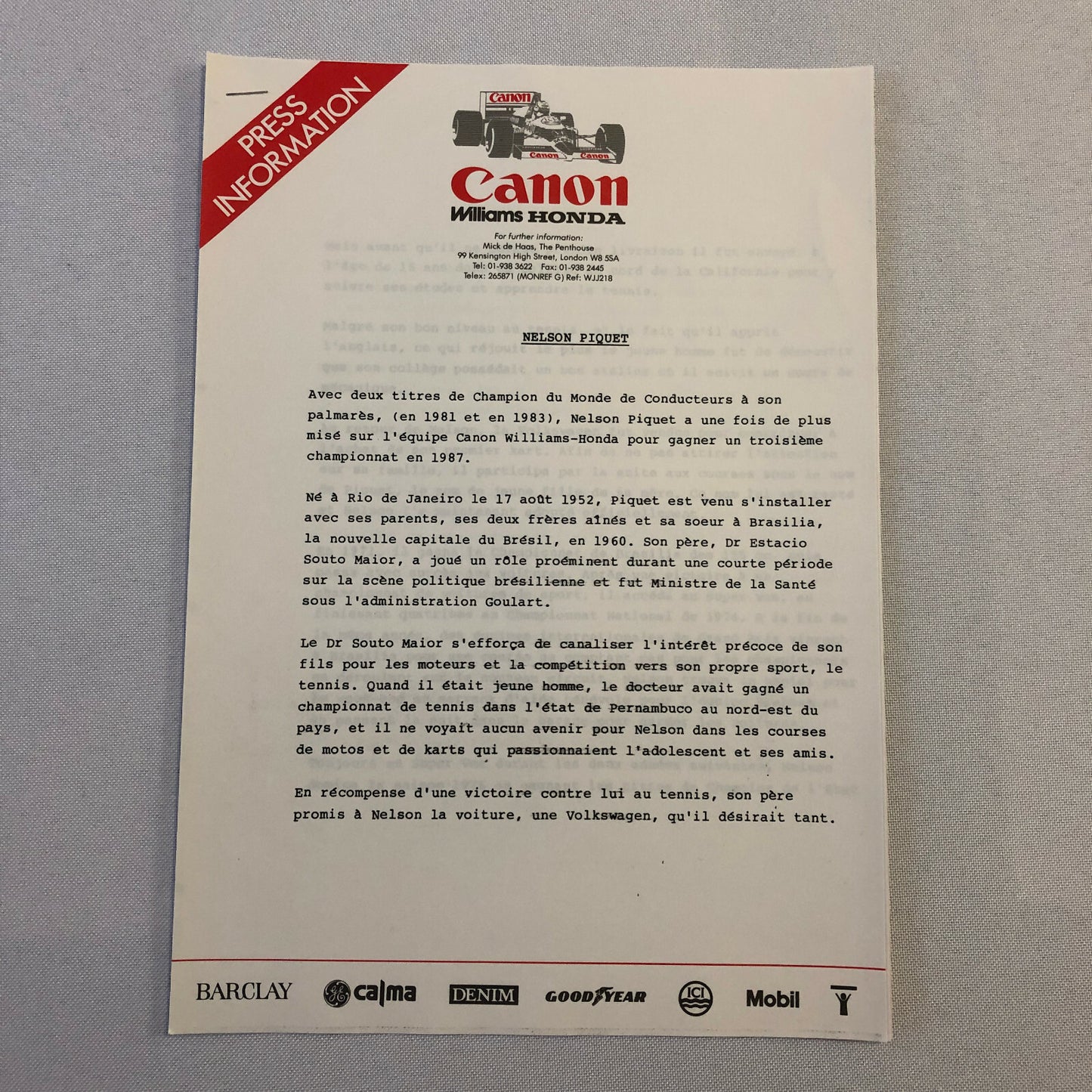 1987 Honda Williams F1 Racing Press Release Lot Nelson Piquet Mansell FRENCH