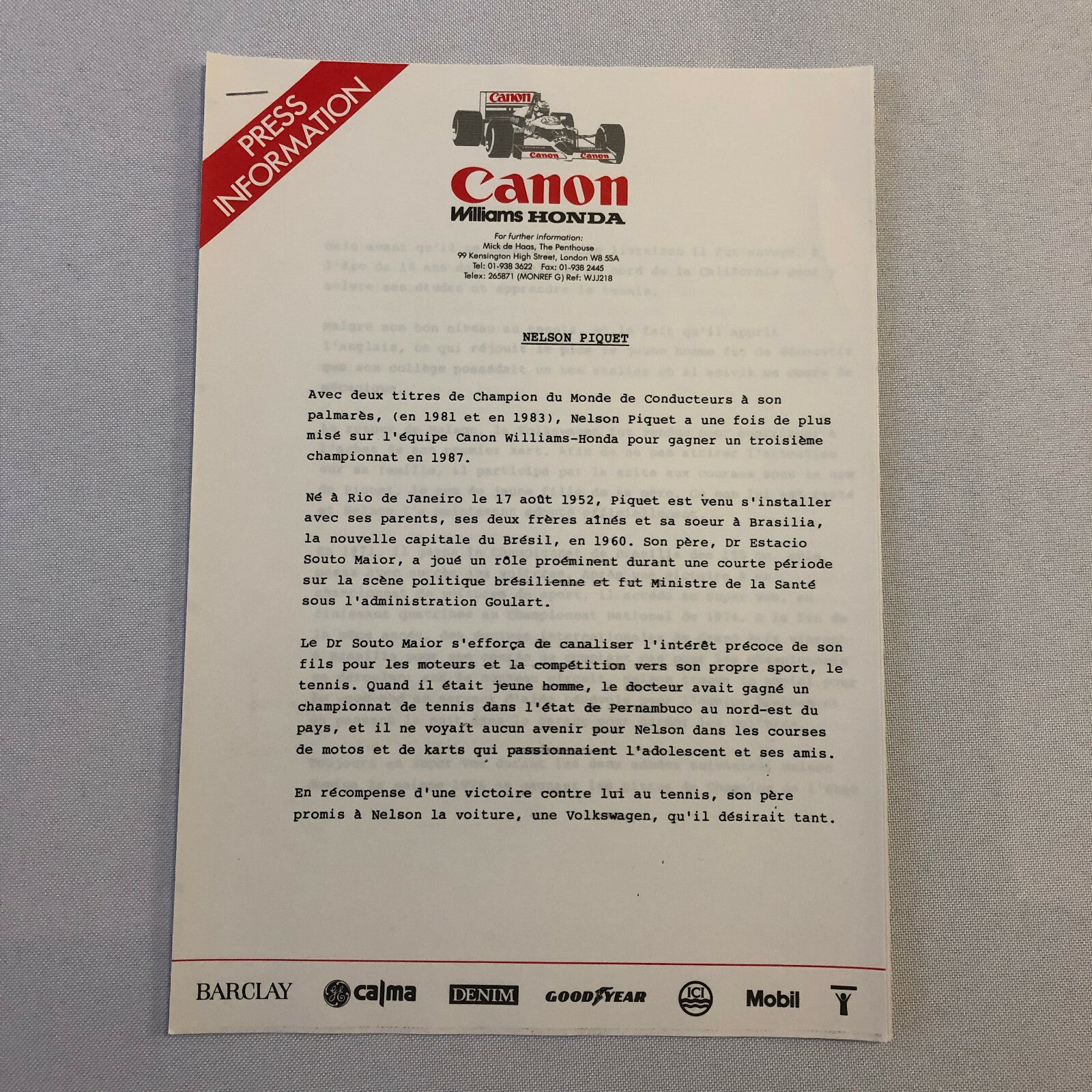 1987 Honda Williams F1 Racing Press Release Lot Nelson Piquet Mansell FRENCH