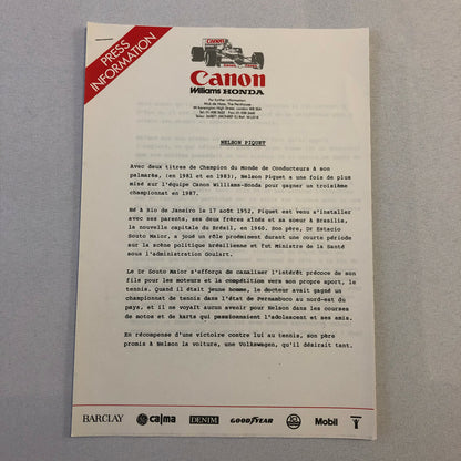 1987 Honda Williams F1 Racing Press Release Lot Nelson Piquet Mansell FRENCH