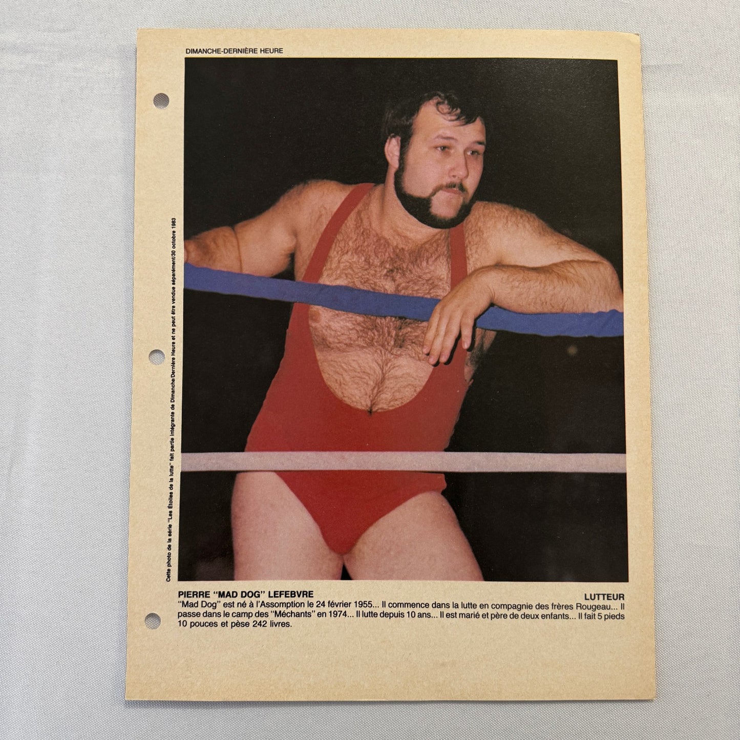 Vintage Wrestling Print Insert Pierre Mad Dog Lefebvre Quebec French 1983