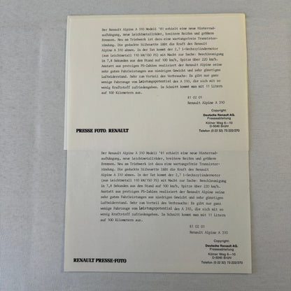 1981 Renault Alpine A310 V6 Car Press Kit Brochure Photos Vintage GERMAN TEXT
