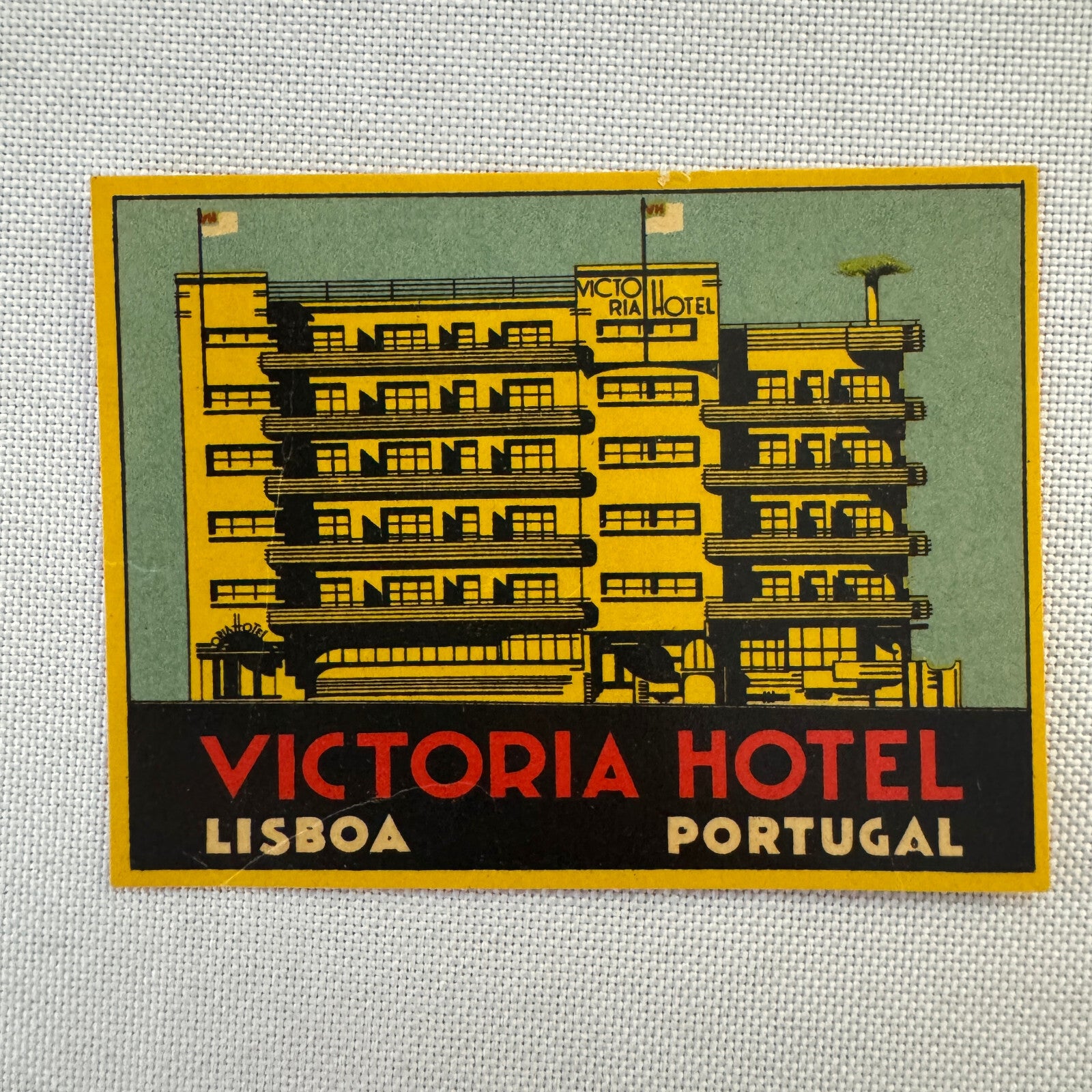 Vintage Hotel Travel Label Victoria Hotel Lisboa Portugal
