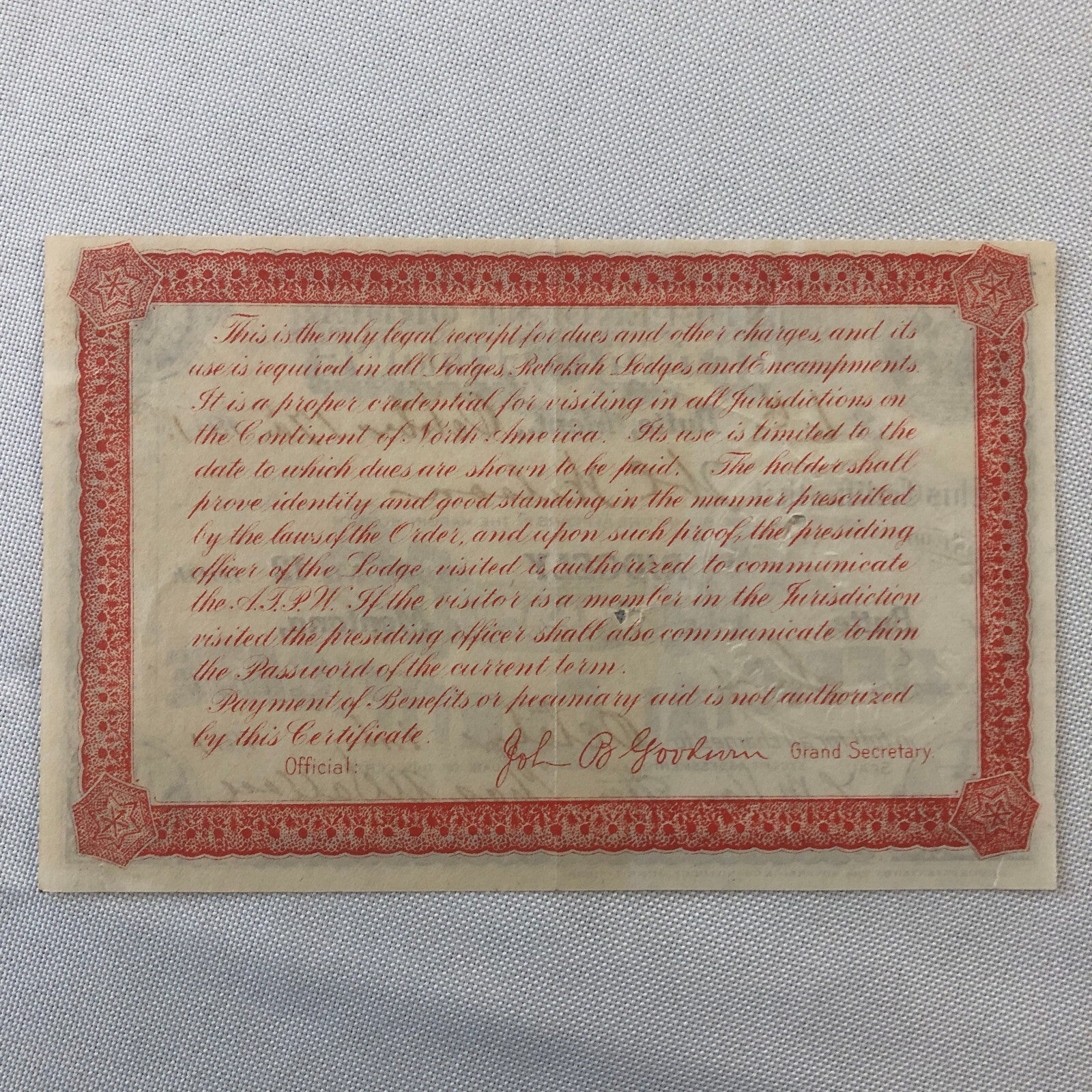 Independent Order of Odd Fellows Official Membership Certificate Document Lot 4x