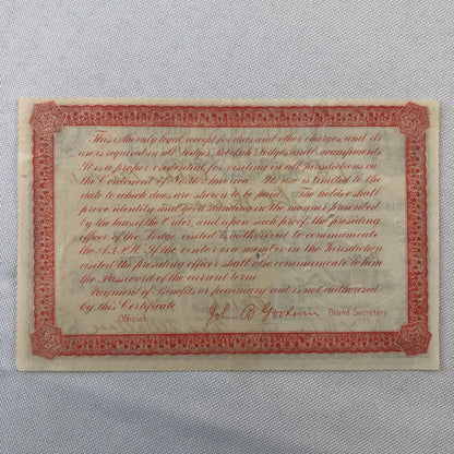 Independent Order of Odd Fellows Official Membership Certificate Document Lot 4x