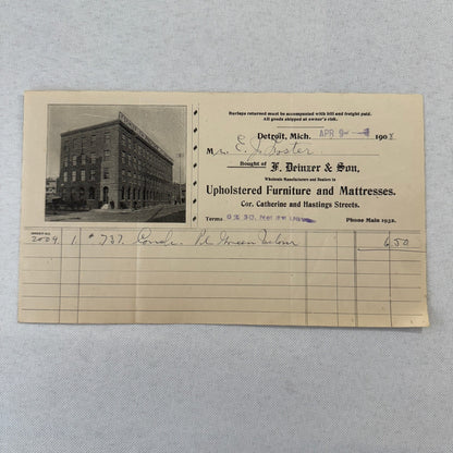 F Deinzer and Son Furniture Mattresses Invoice Receipt Document Lot 4x Detroit