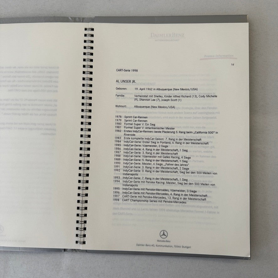 1998 Mercedes Benz Marlboro CART Racing Press Kit Al Unser Jr GERMAN