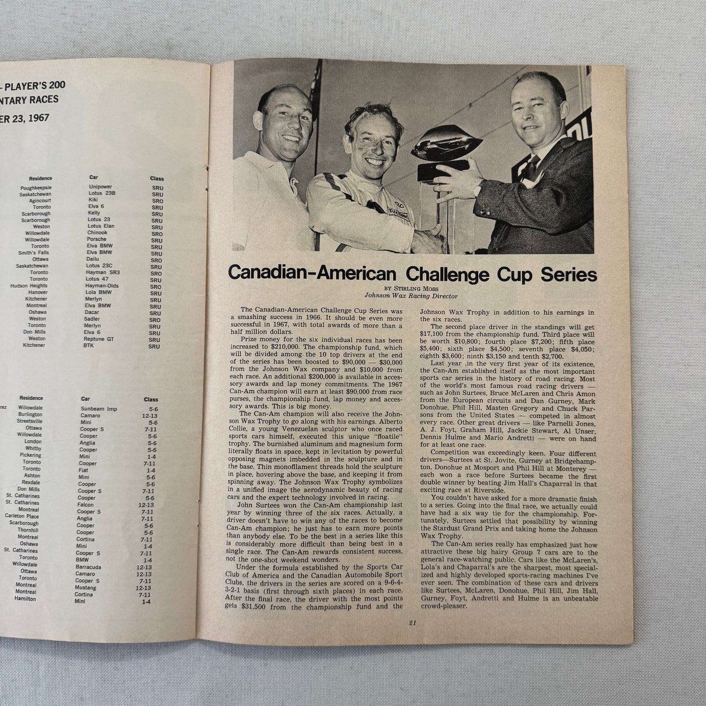 1967 Can Am Racing Program Players 200 Mosport Canada CanAm Bruce McLaren +