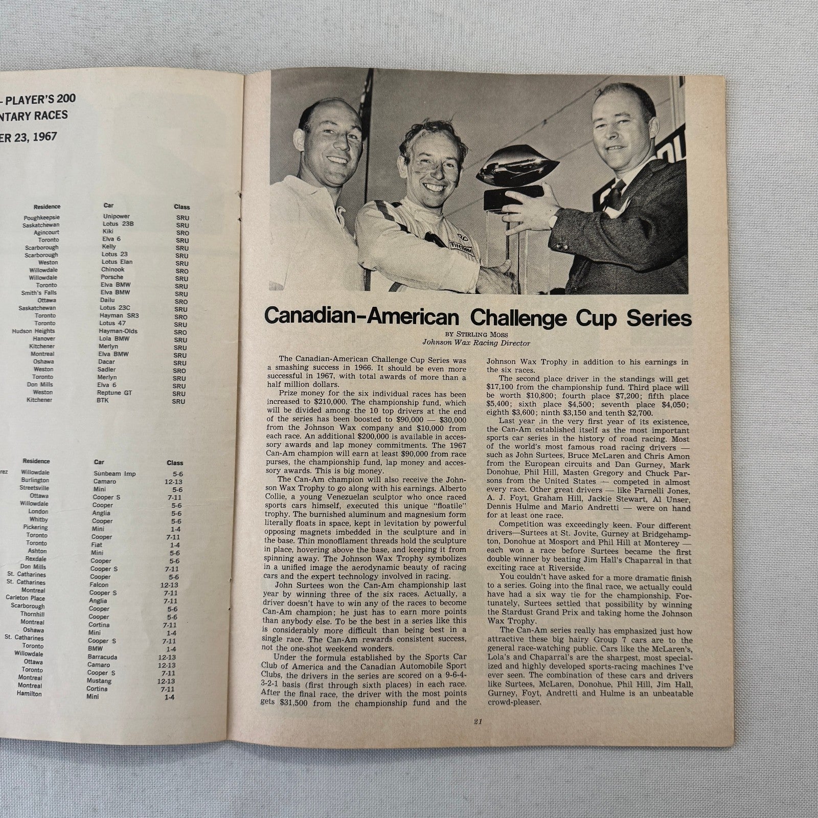 1967 Can Am Racing Program Players 200 Mosport Canada CanAm Bruce McLaren +
