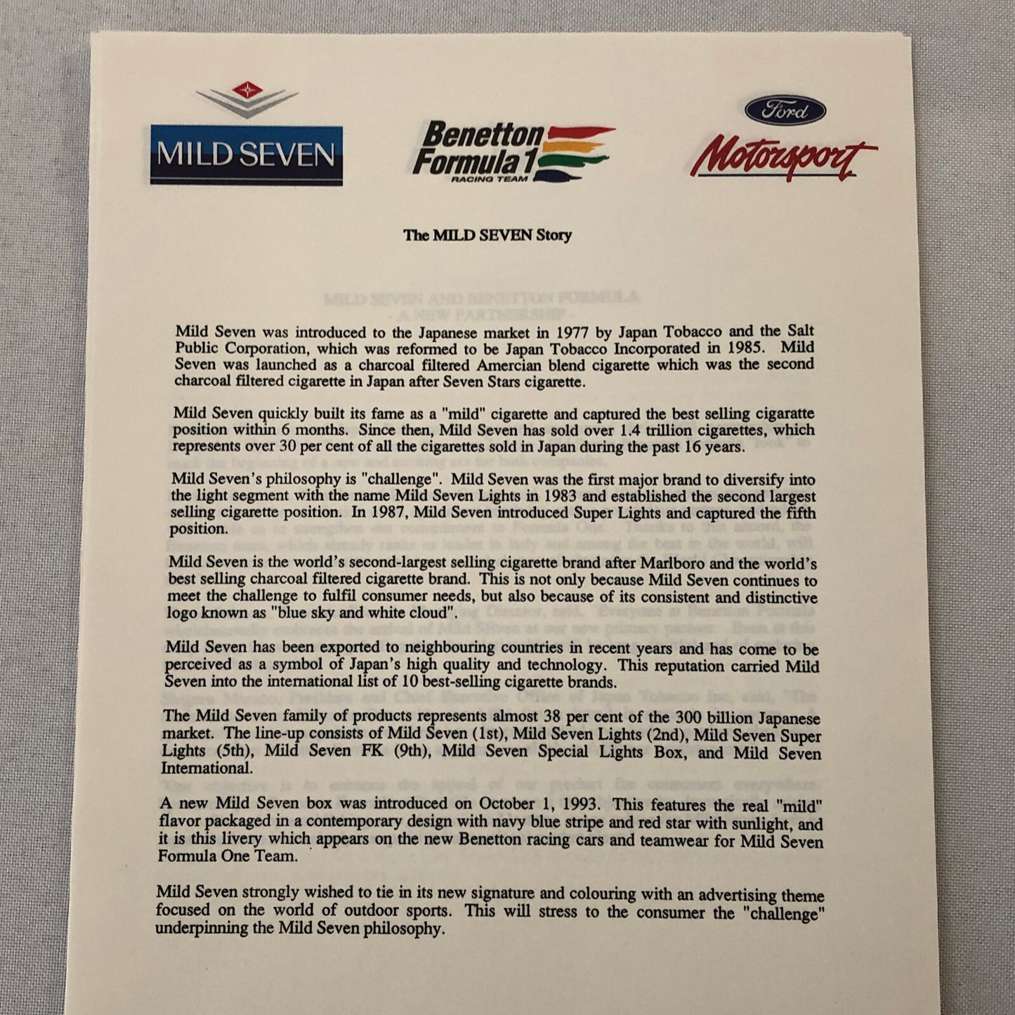 Benetton Ford B194 Racing Car Press Kit with Photos