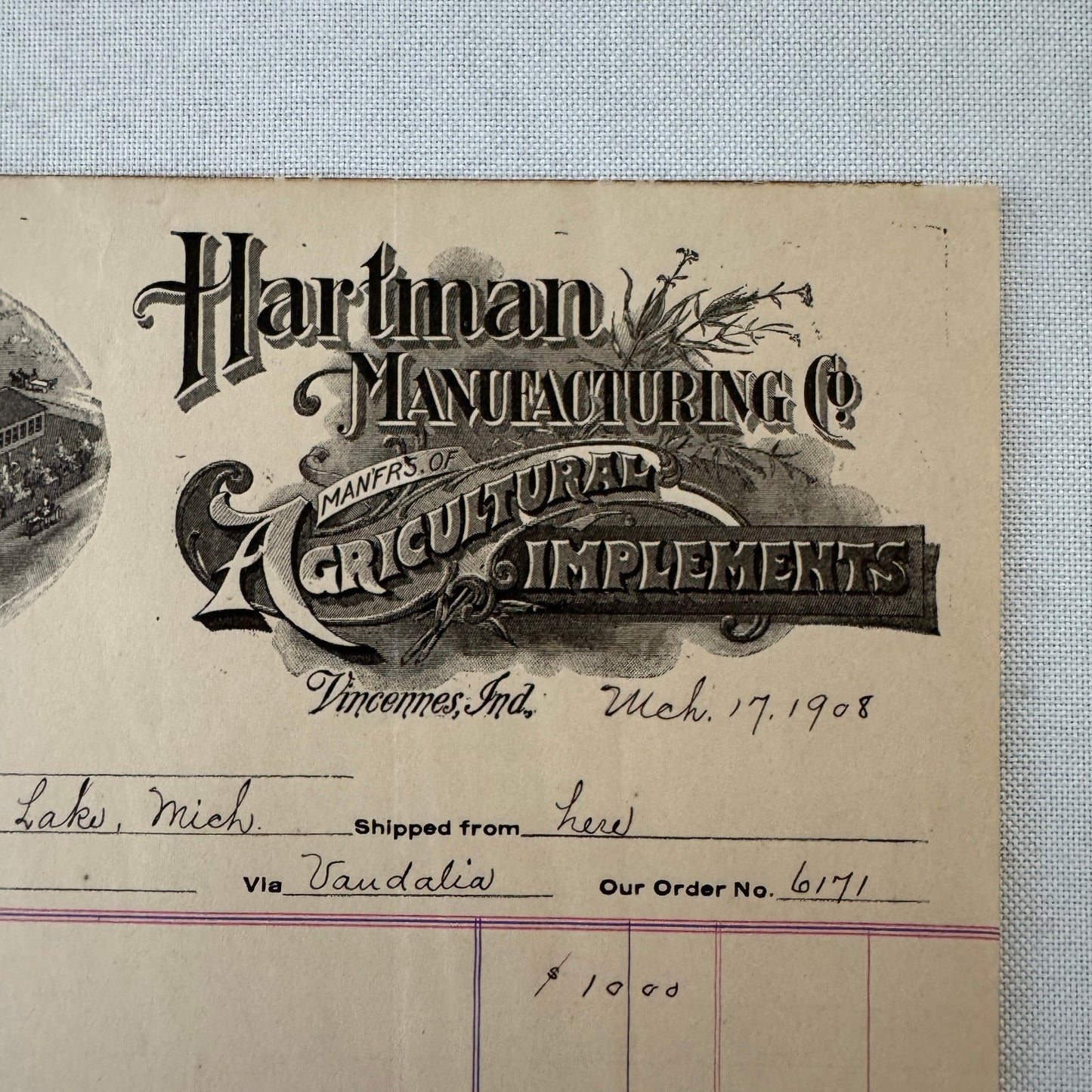 Hartman Manufacturing Company Agricultural Implements Document Receipt 1908