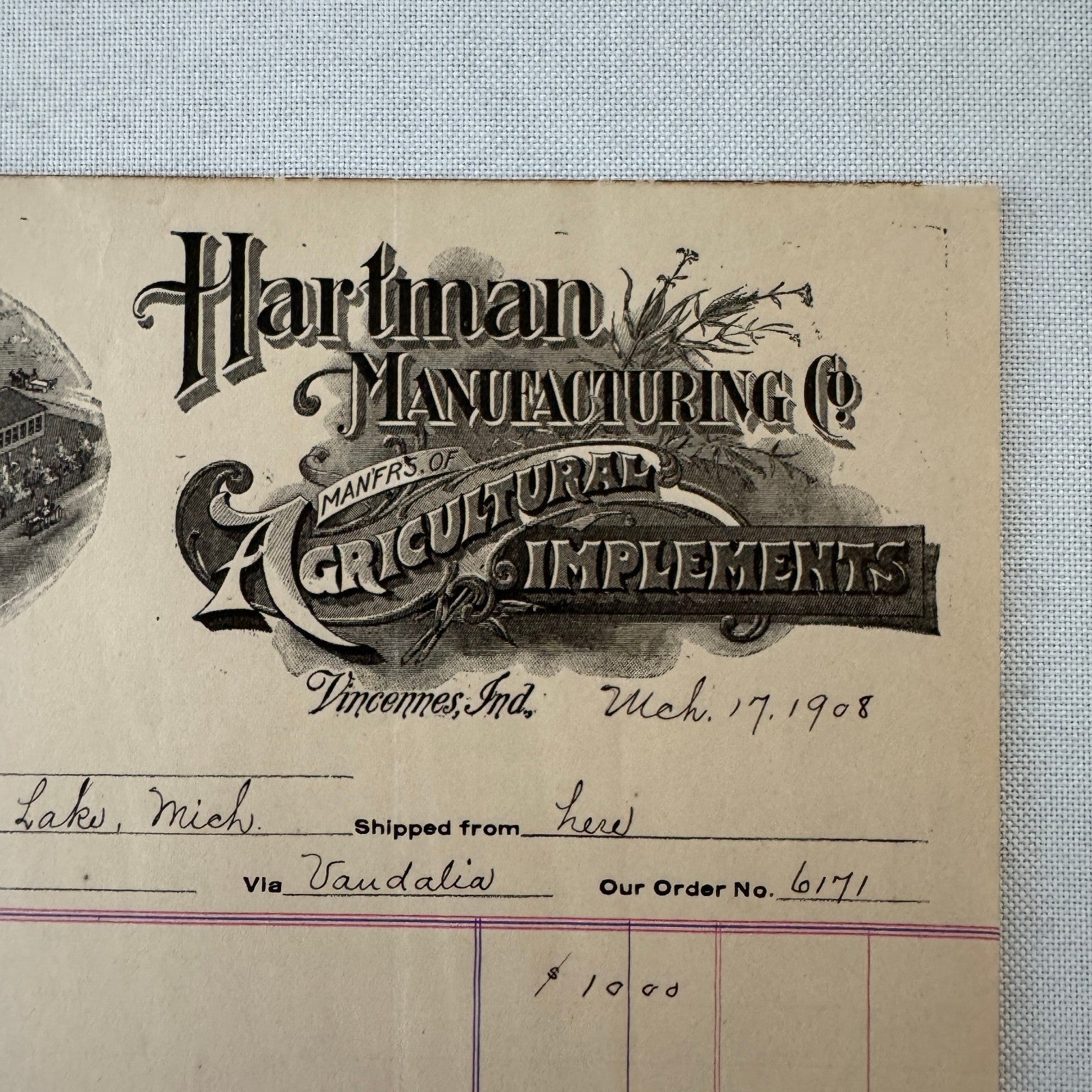 Hartman Manufacturing Company Agricultural Implements Document Receipt 1908