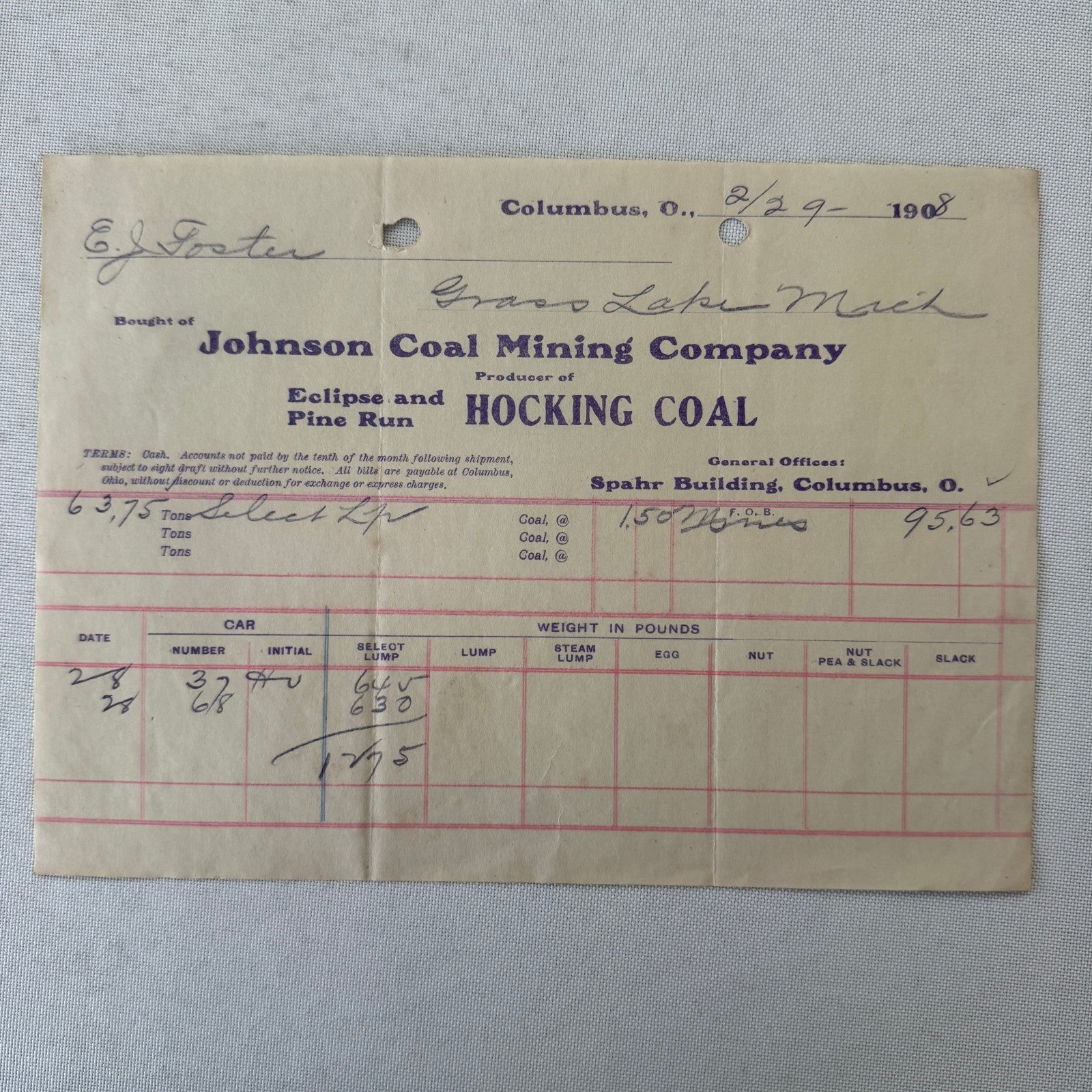 Johnson Coal Mining Company Receipt Invoice Document Letterhead 1908 Columbus OH