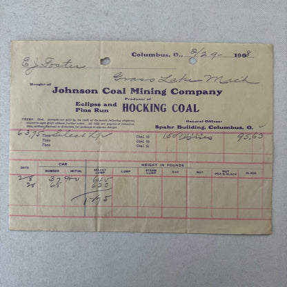 Johnson Coal Mining Company Receipt Invoice Document Letterhead 1908 Columbus OH