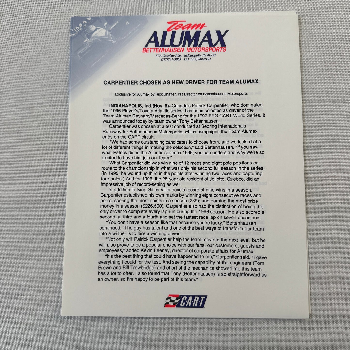 Bettenhausen Alumax Racing Press Kit Brochure 1997 CART Patrick Carpentier