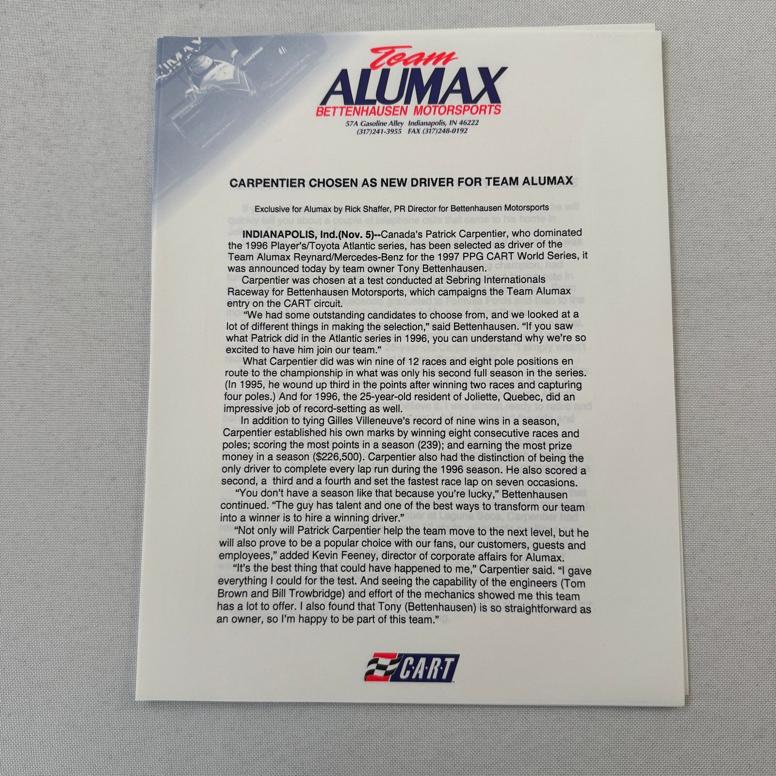 Bettenhausen Alumax Racing Press Kit Brochure 1997 CART Patrick Carpentier