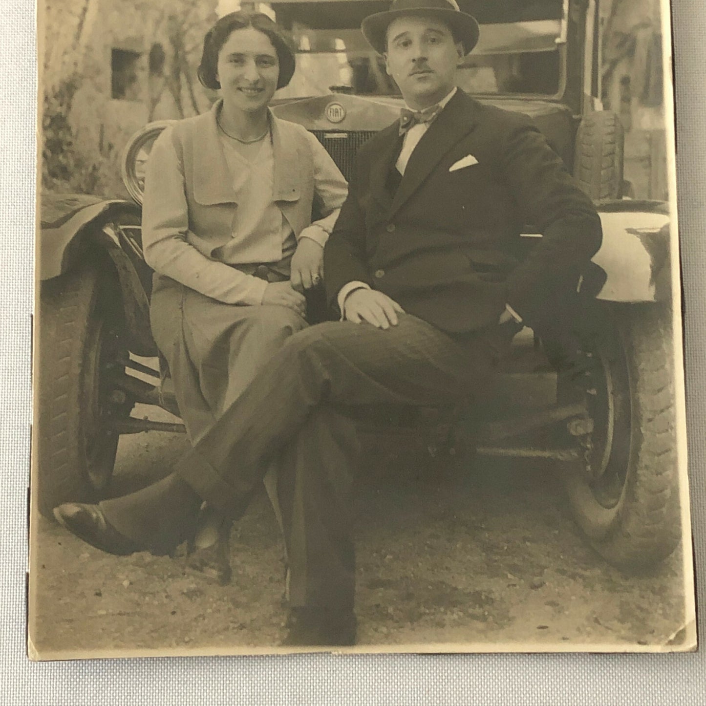 Antique Photo Photograph Print Couple with Fiat Automobile Car Vehicle Italian ?