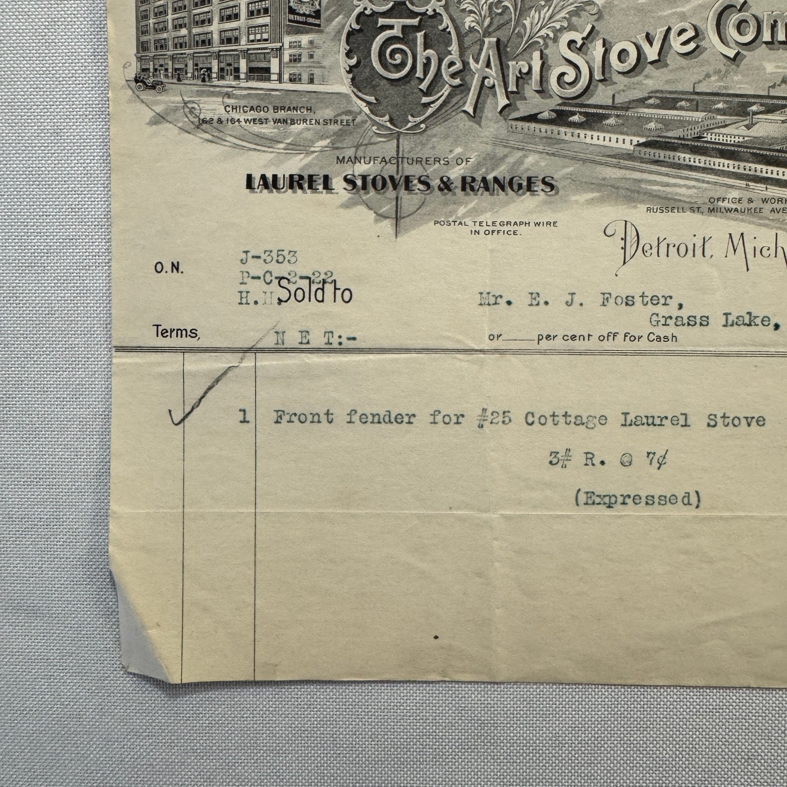 Art Stove Company Laurel Letterhead Invoice Document 1908 Detroit Michigan