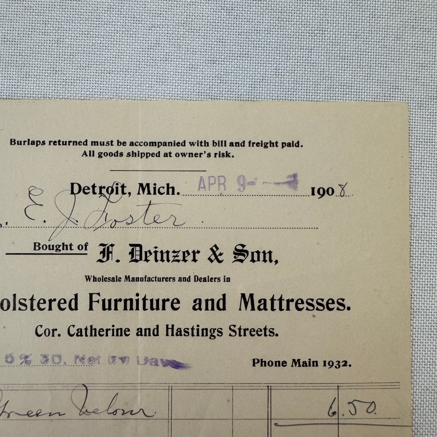 F Deinzer and Son Furniture Mattresses Invoice Receipt Document Lot 4x Detroit