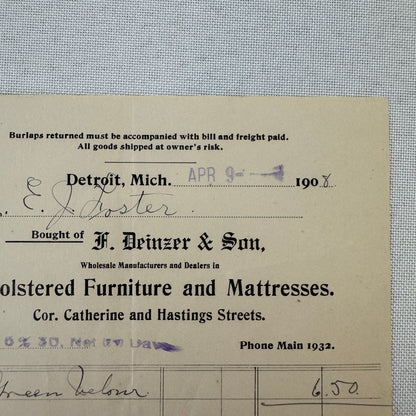F Deinzer and Son Furniture Mattresses Invoice Receipt Document Lot 4x Detroit
