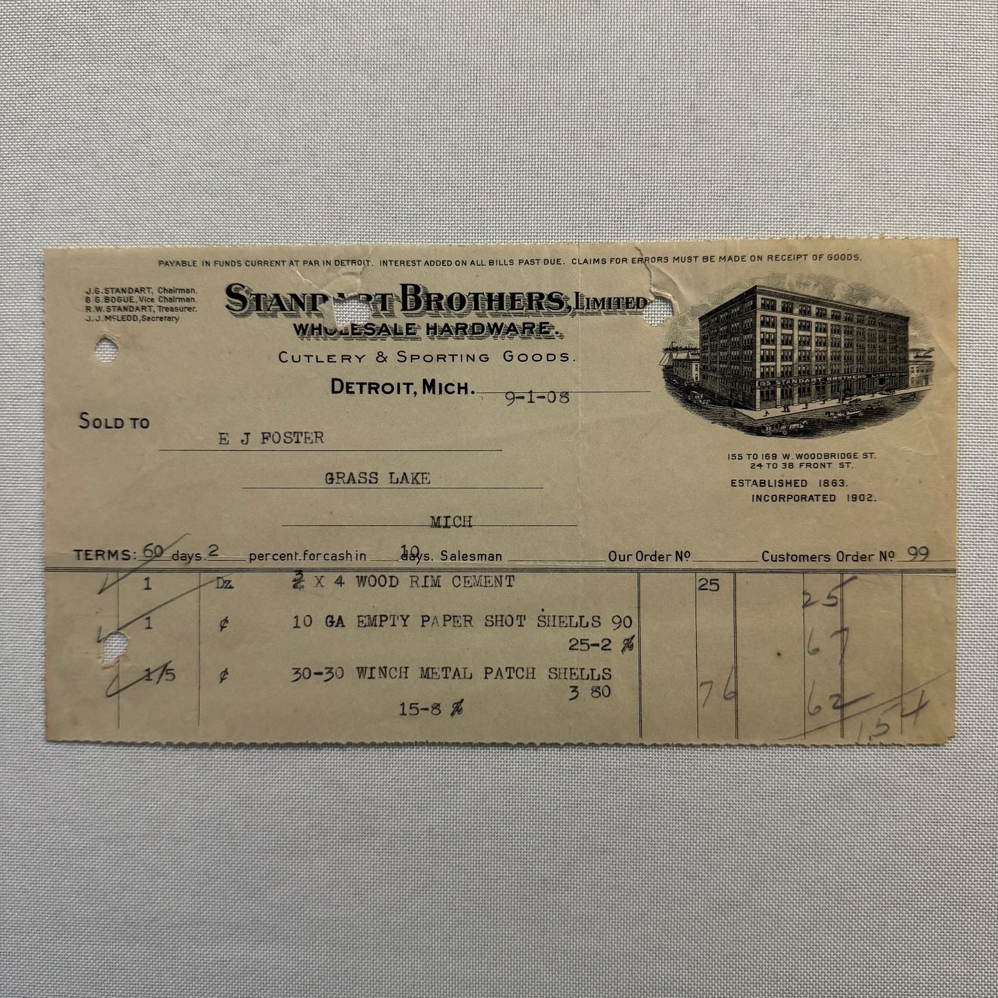 Standart Brothers Detroit Michigan Receipt Document Letterhead 1908 Lot 6x