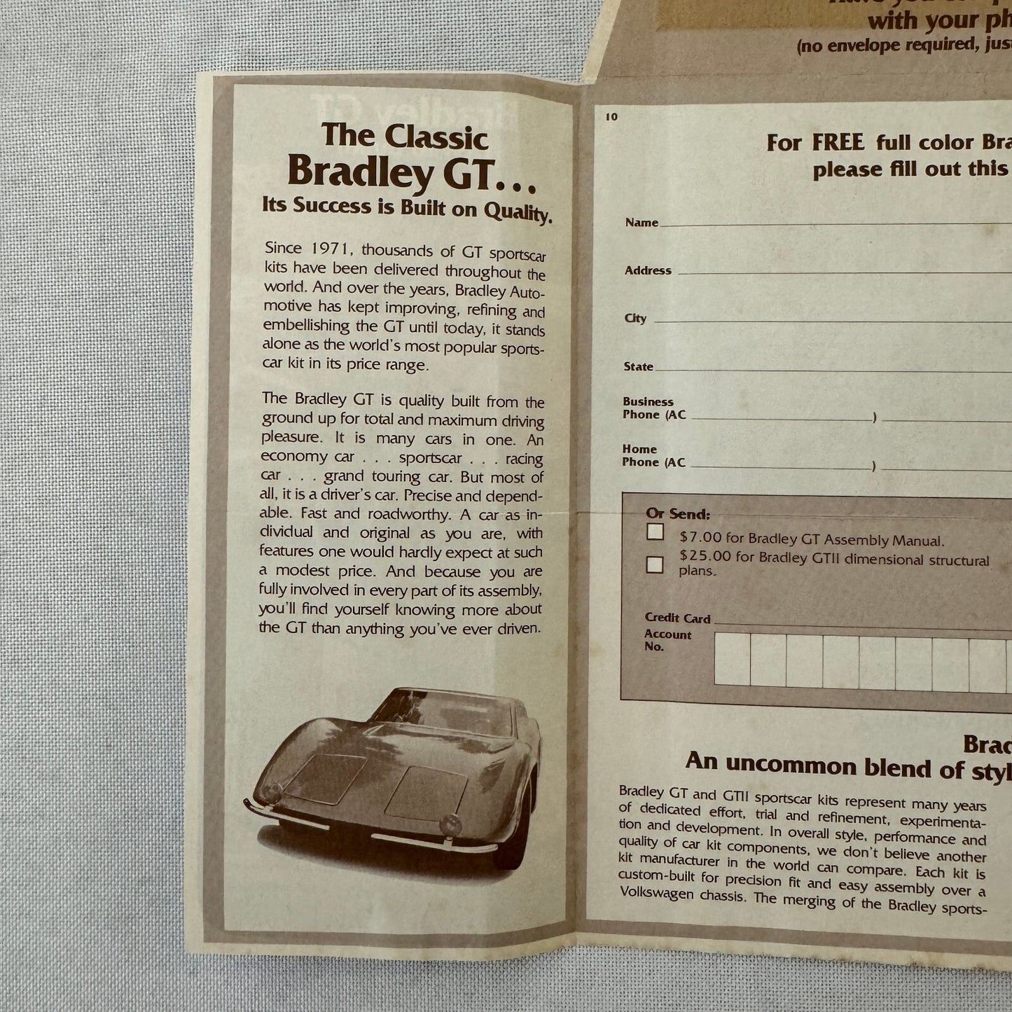 Bradley GT GTII Sports Car Brochure Request Envelope Mailer Advertising