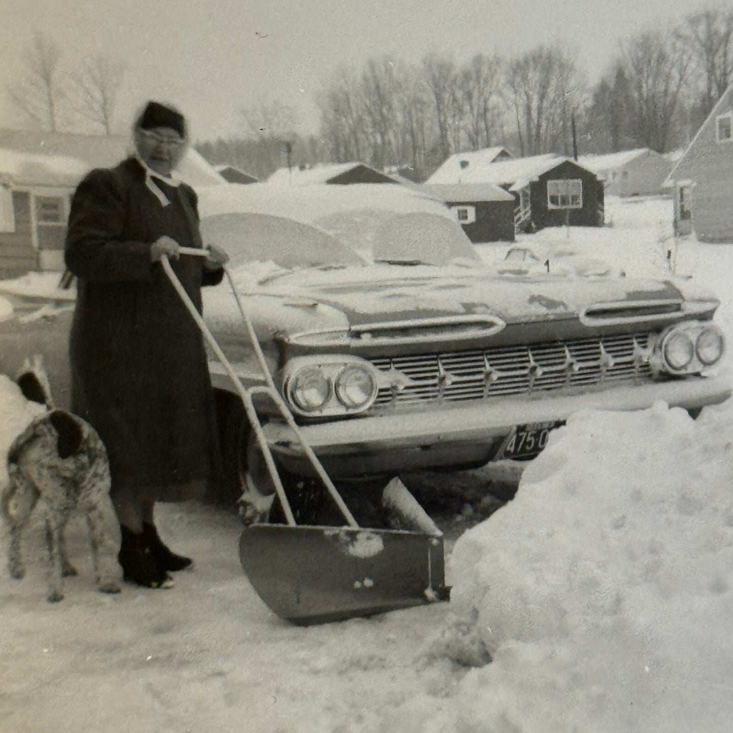 Woman Shovelling Snow with Car Snapshot Photo Photograph Lot 2x
