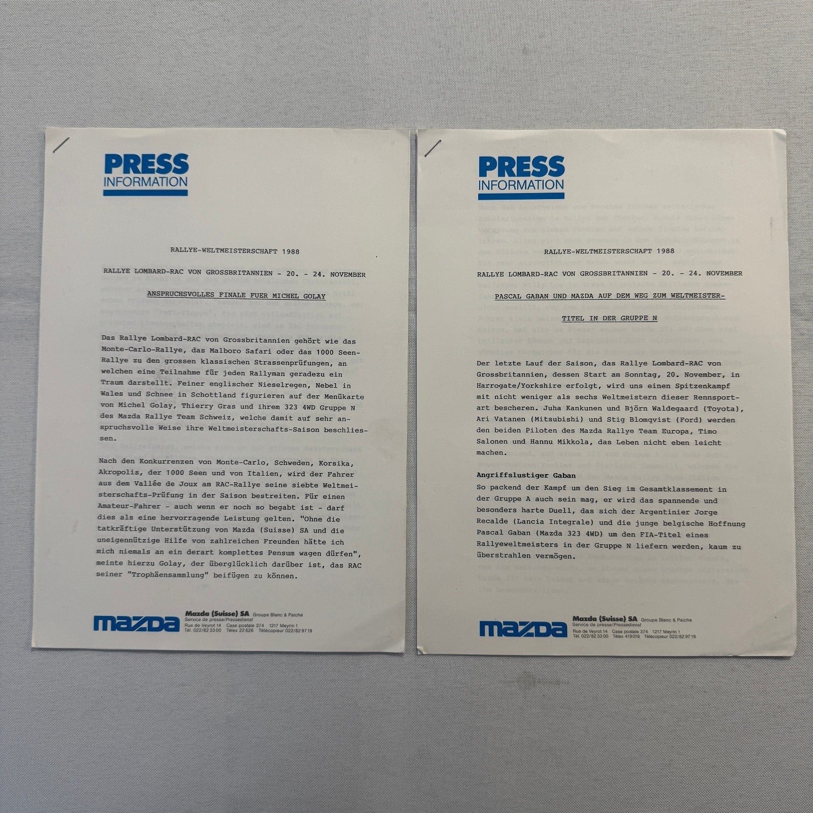 1988 Mazda Rallye Racing Press Release Document Lot 2x Mazda 323 German Text
