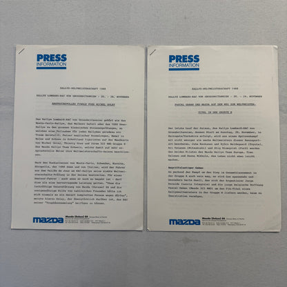 1988 Mazda Rallye Racing Press Release Document Lot 2x Mazda 323 German Text