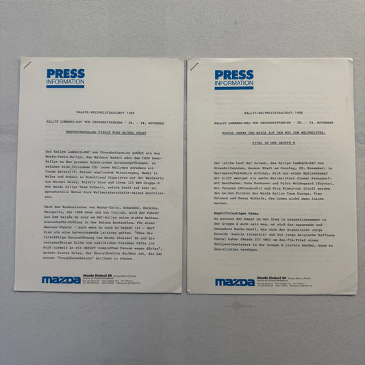 1988 Mazda Rallye Racing Press Release Document Lot 2x Mazda 323 German Text
