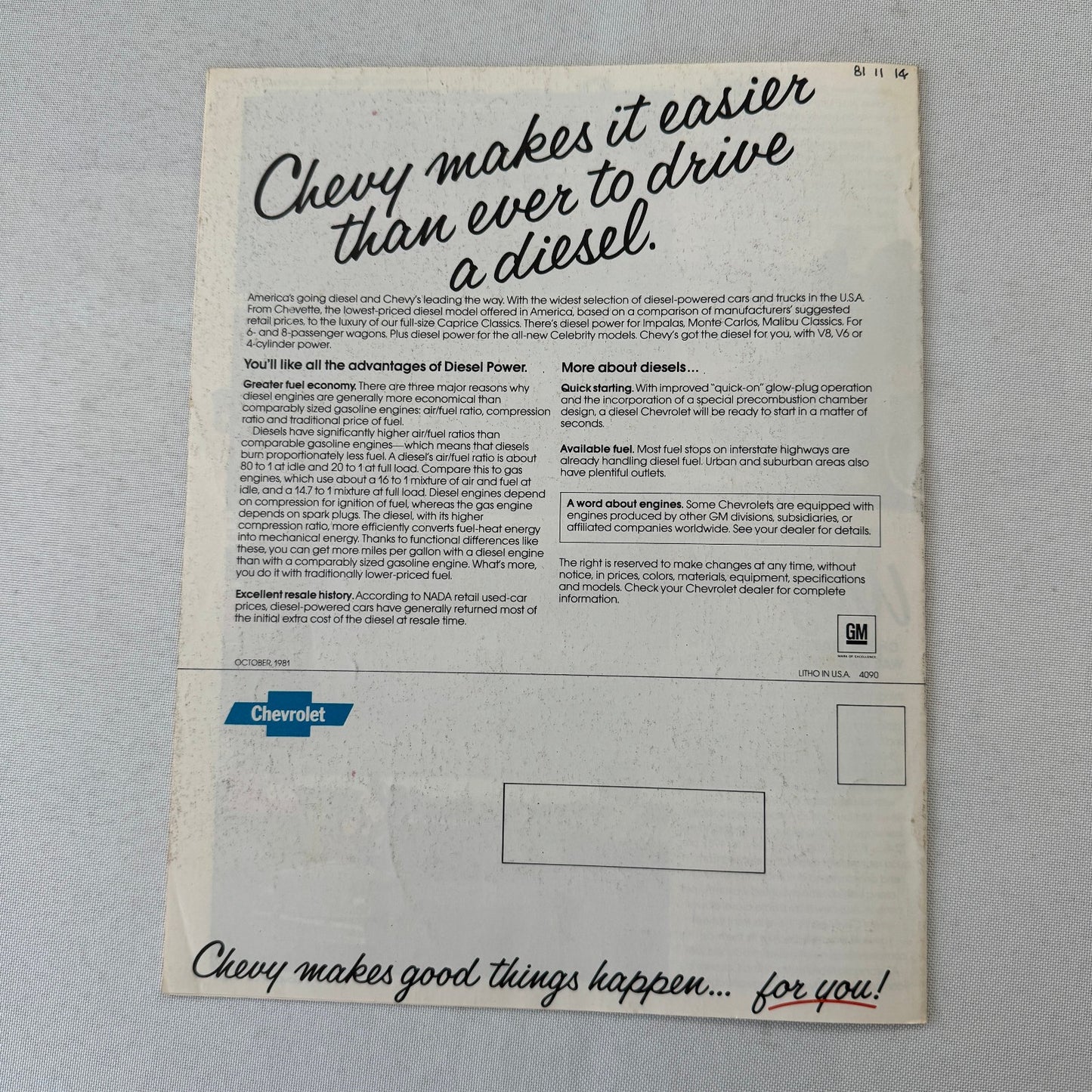 1982 Chevrolet Car Brochure Catalog Camaro Corvette Citation Monte Carlo +