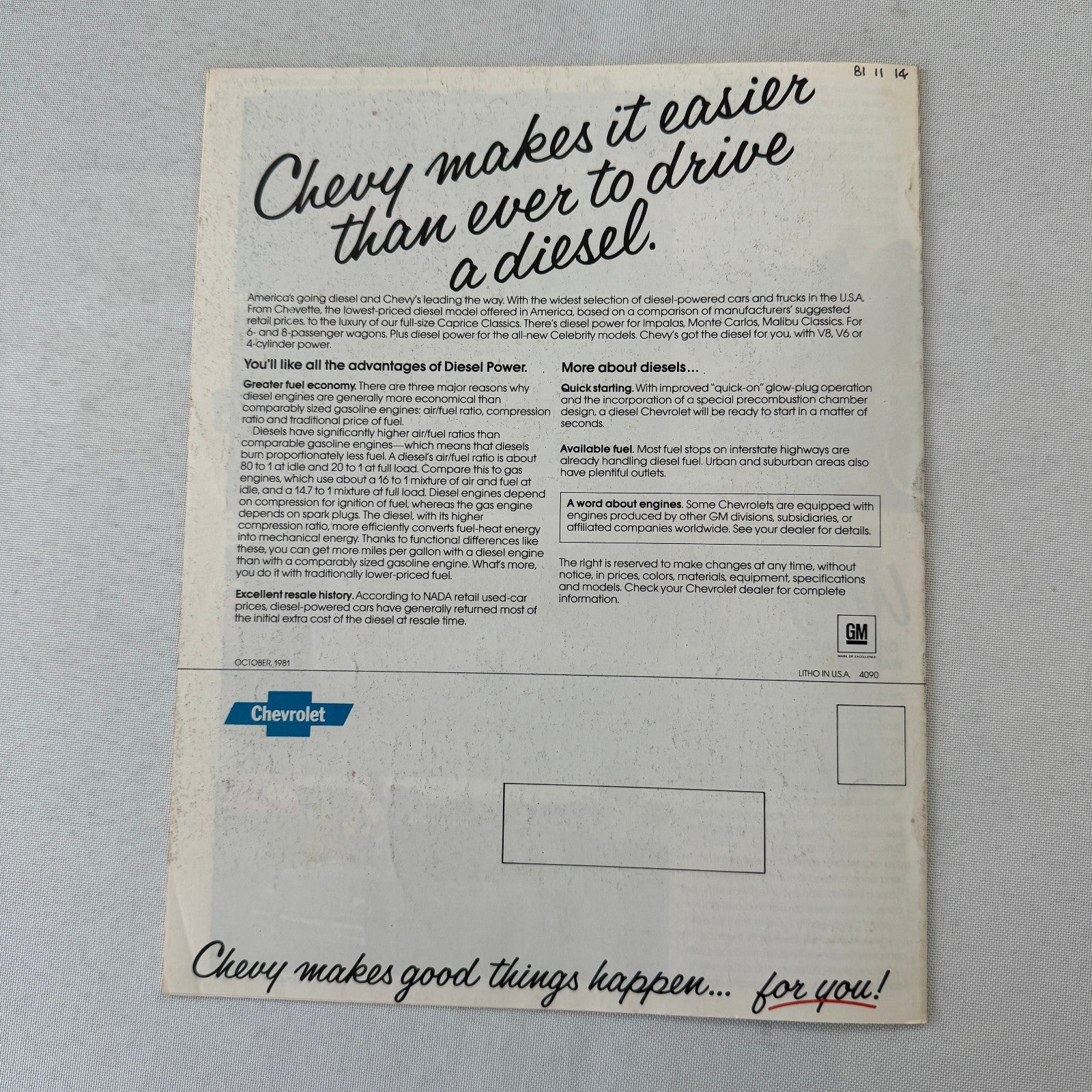 1982 Chevrolet Car Brochure Catalog Camaro Corvette Citation Monte Carlo +