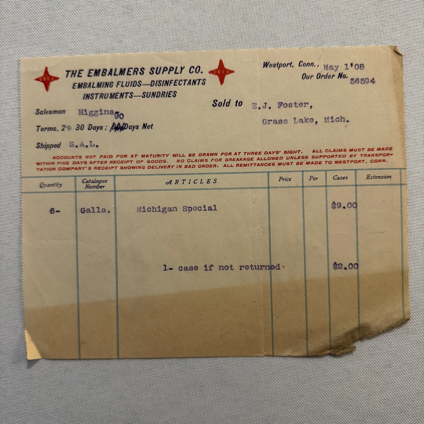 The Embalmers Supply Company Westport Connecticut Letterhead Document 1908