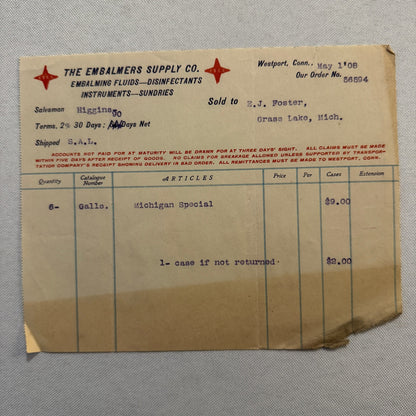 The Embalmers Supply Company Westport Connecticut Letterhead Document 1908