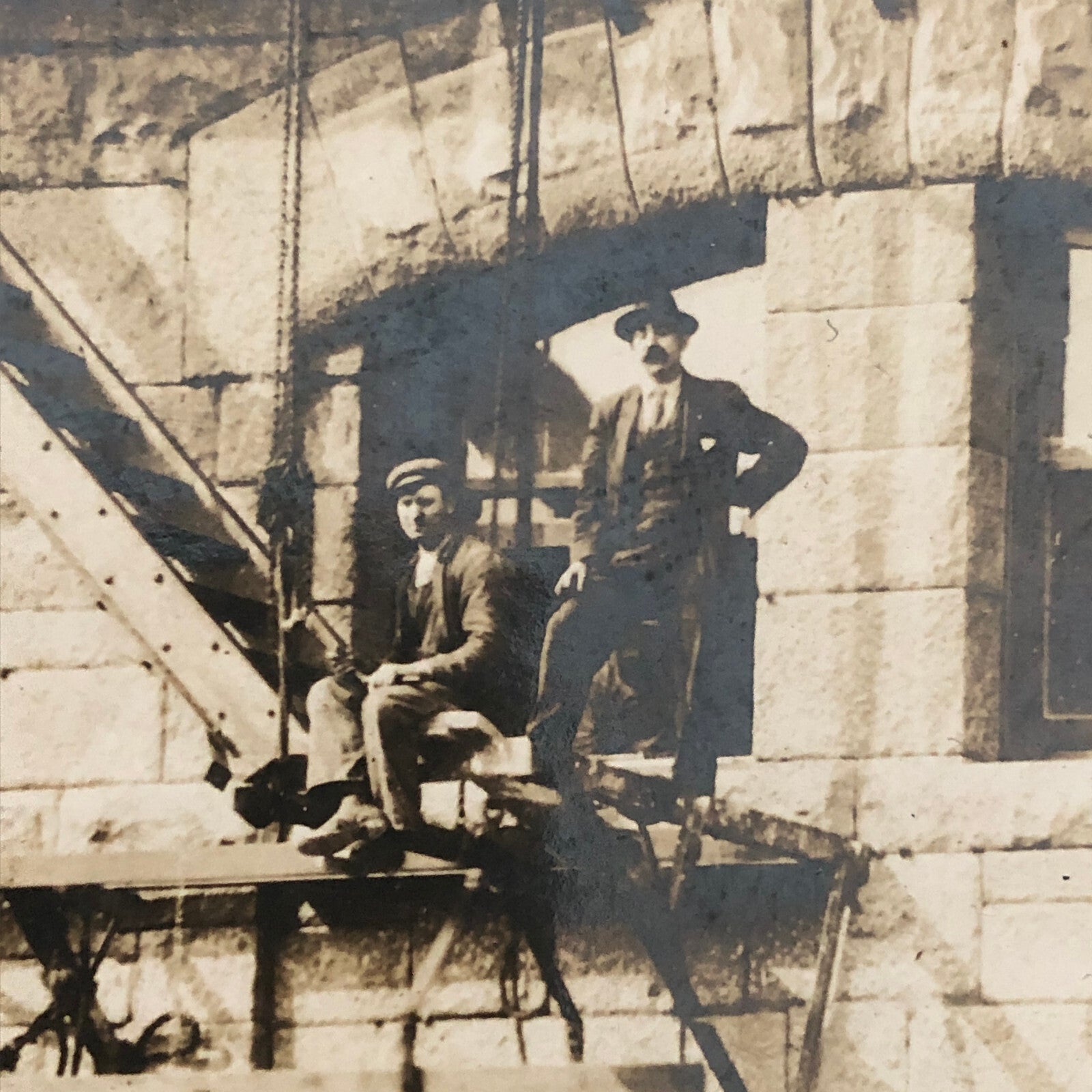Vintage Building Photo Photograph Print Men on Fire Escape Antique Montreal ?