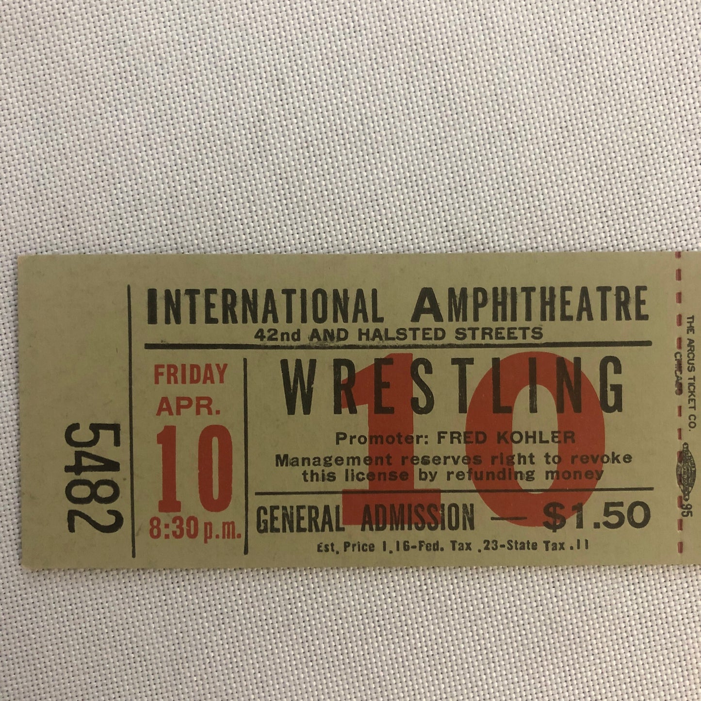 1953 Chicago Wrestling Show Ticket Original Fred Kohler Promoter