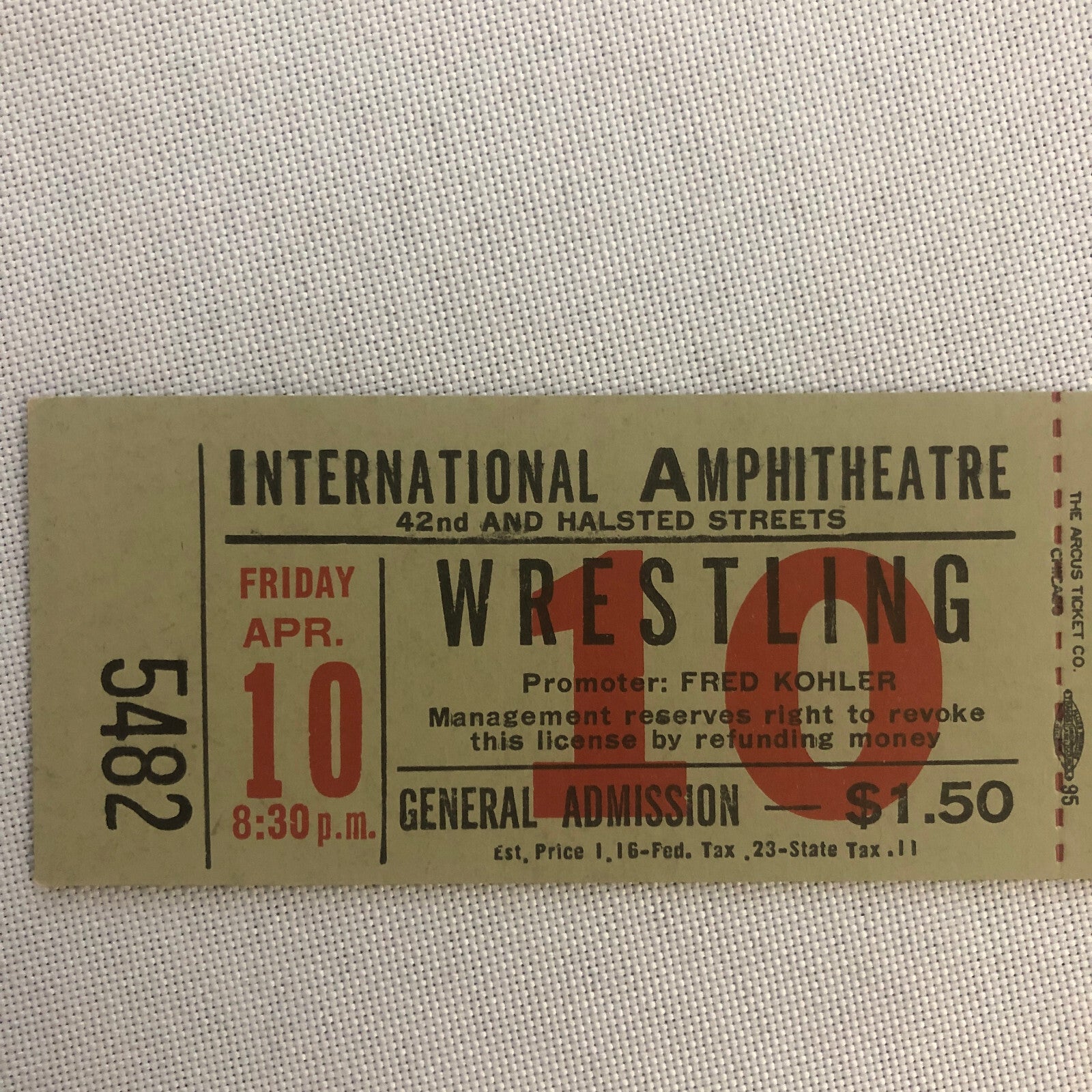 1953 Chicago Wrestling Show Ticket Original Fred Kohler Promoter