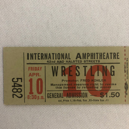 1953 Chicago Wrestling Show Ticket Original Fred Kohler Promoter