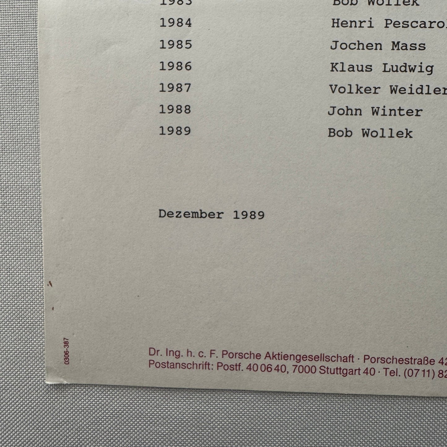 Porsche Cup Racing Factory Press Release Bob Wollek Photo 1989 Vintage German