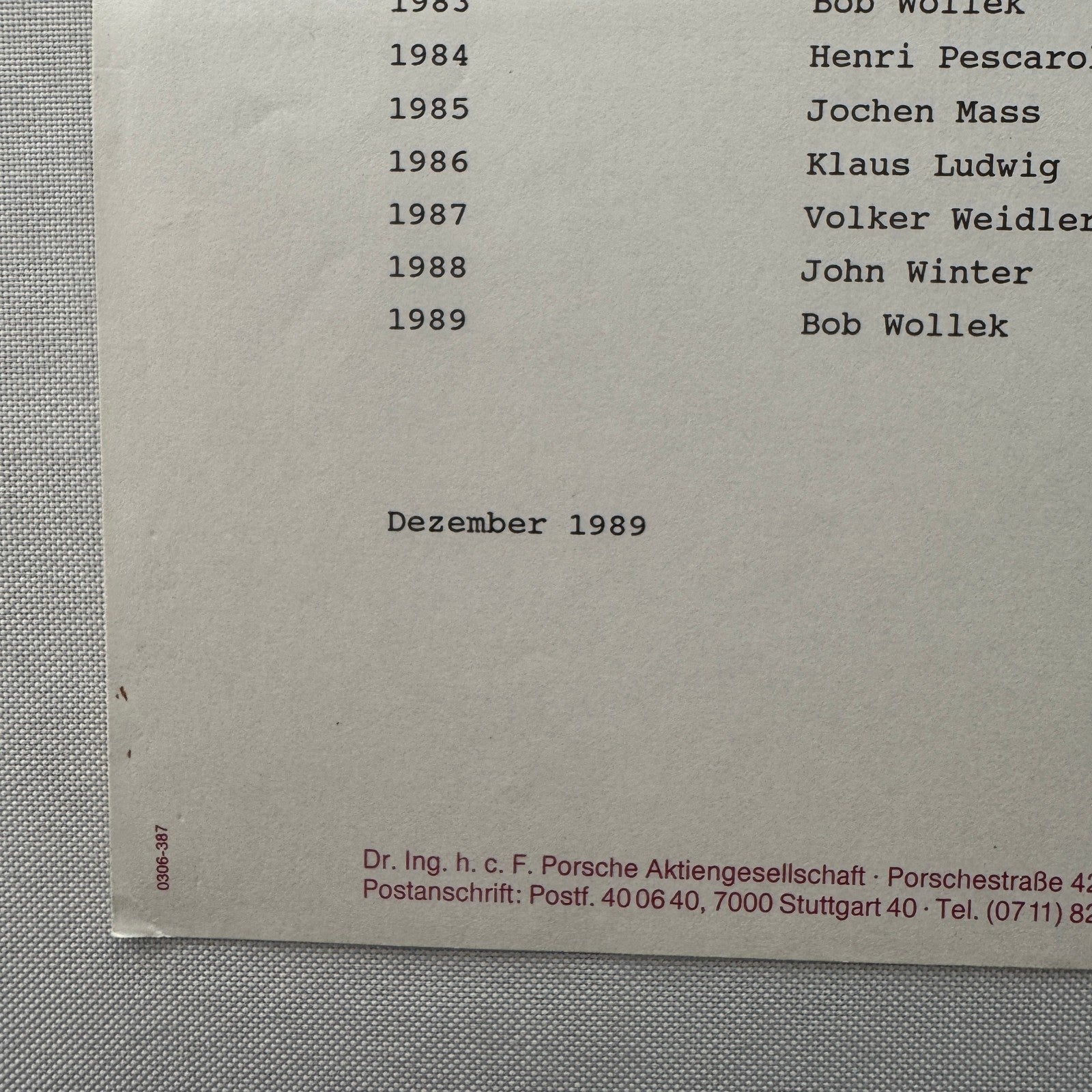 Porsche Cup Racing Factory Press Release Bob Wollek Photo 1989 Vintage German