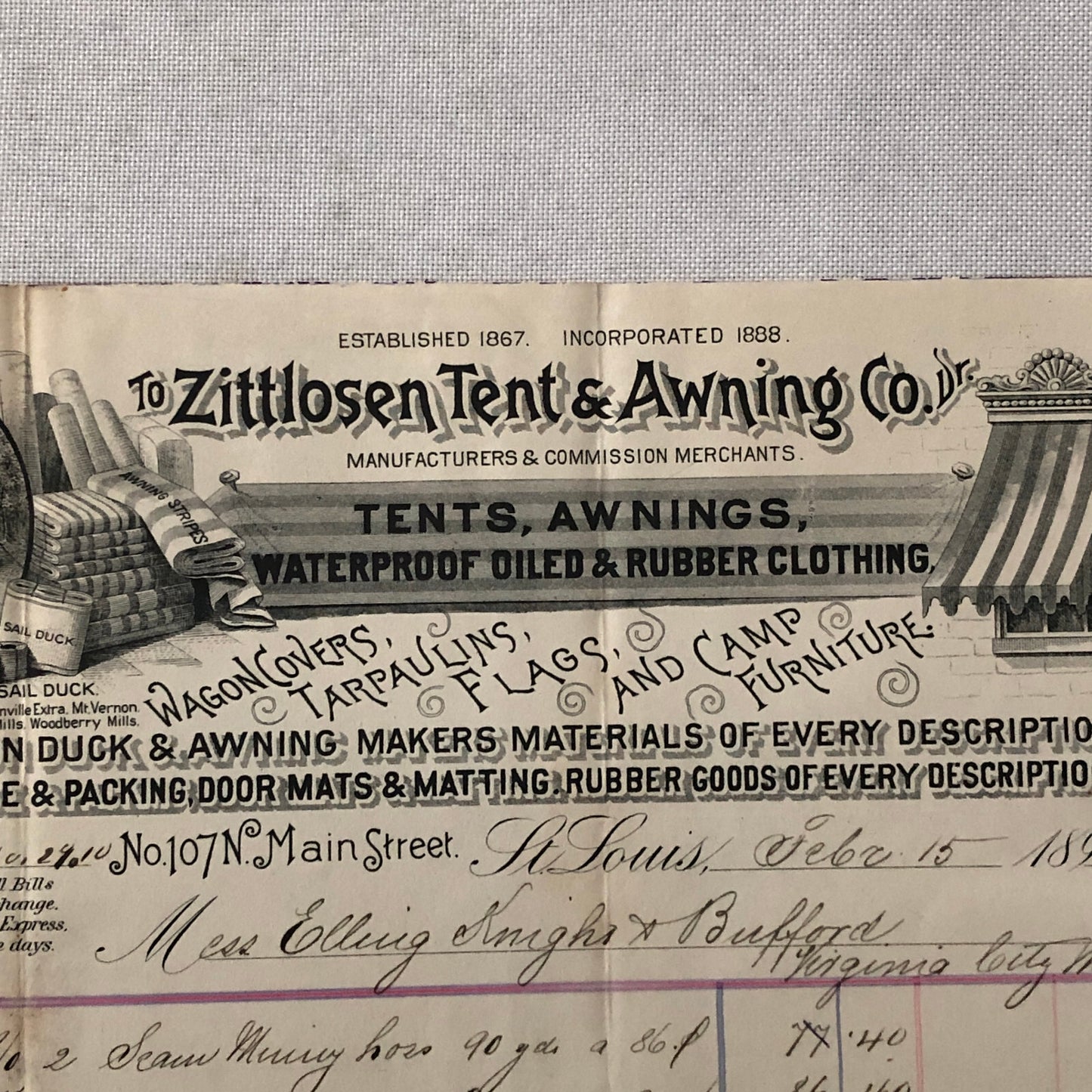 1892 Zittlosen Tent and Awning Company Advertisign Billhead Letterhead Document