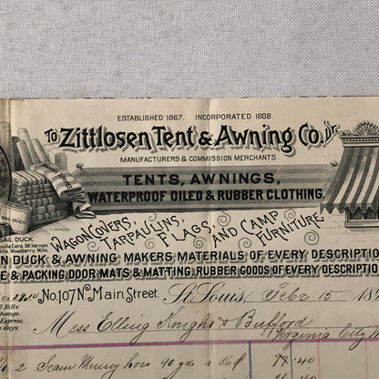 1892 Zittlosen Tent and Awning Company Advertisign Billhead Letterhead Document