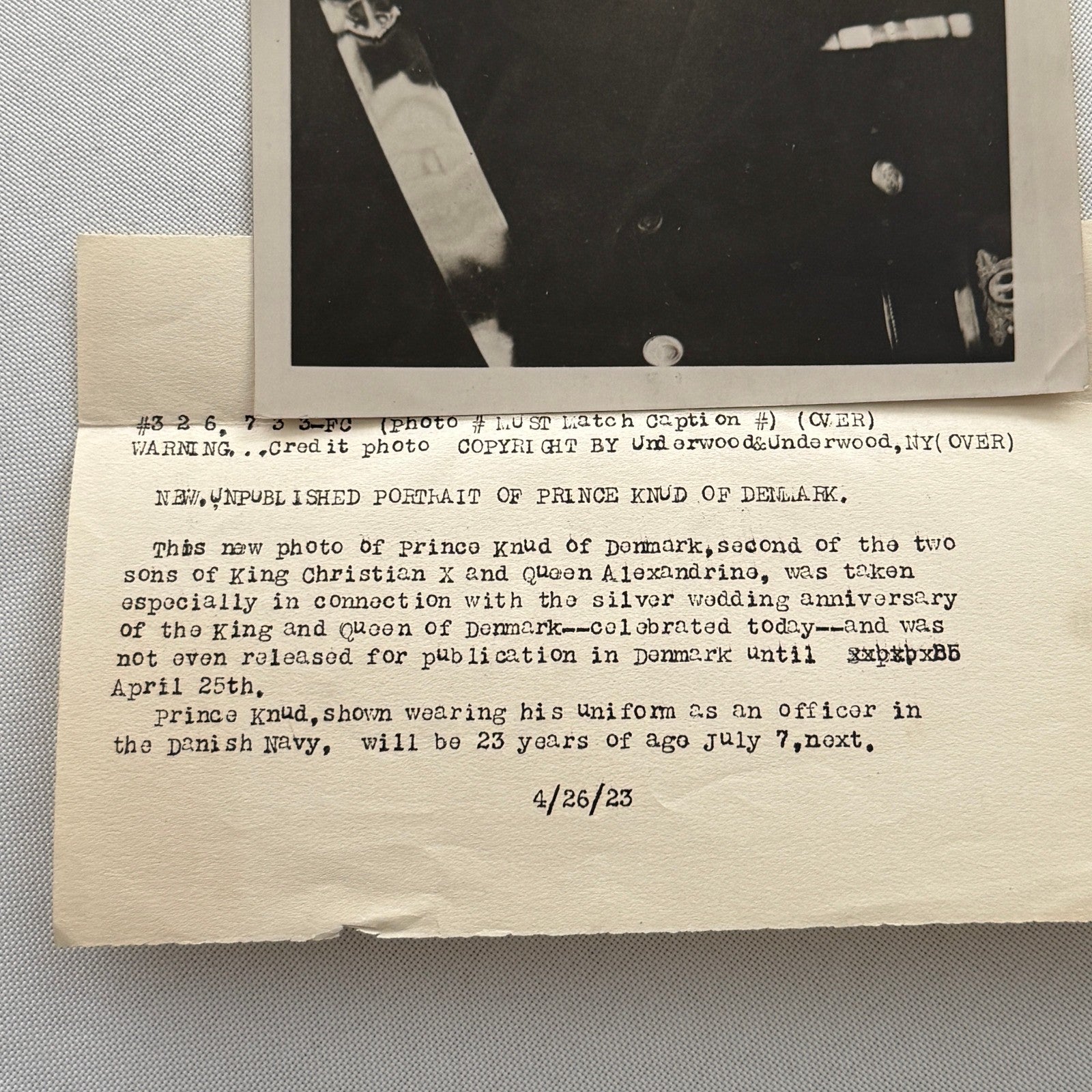 Prince Knud of Denmark Royal Navy Press Photo w/ Caption – 1923 Danish Royalty