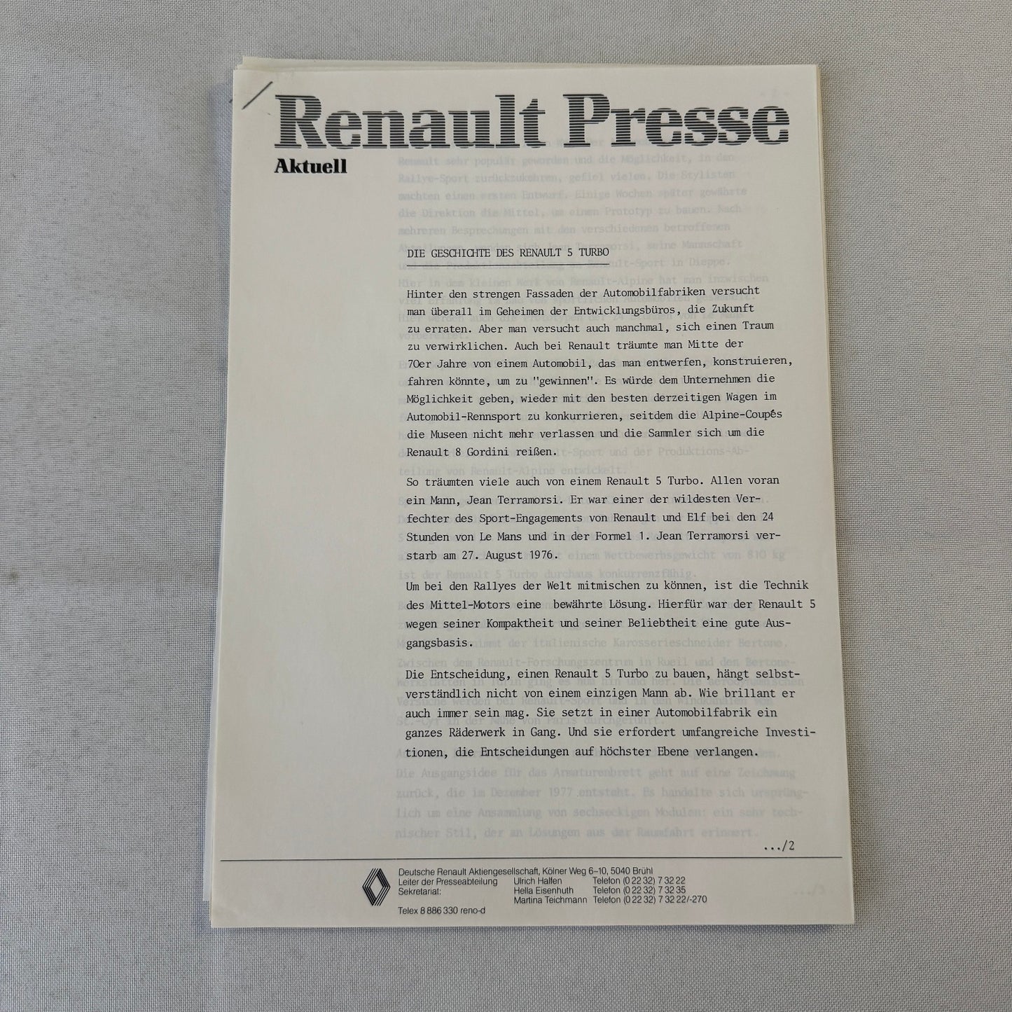 Renault 5 Turbo Car Factory Press Kit Photos Folder Hot Hatch GERMAN