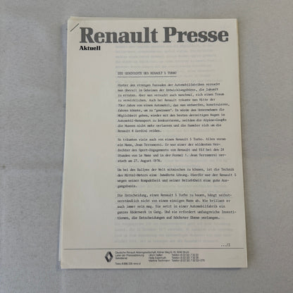 Renault 5 Turbo Car Factory Press Kit Photos Folder Hot Hatch GERMAN