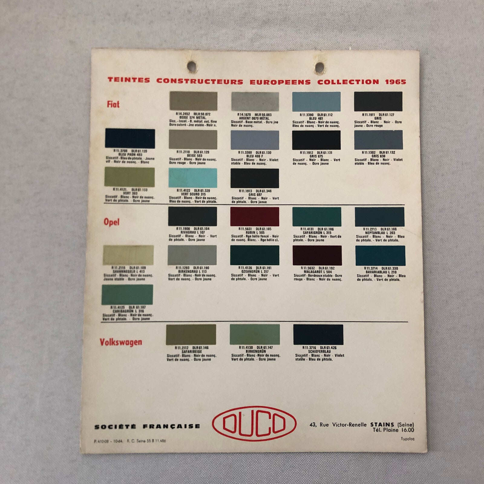 1965 Volkswagen Fiat and Opel Car Paint Chip Color Sample Sheet DUCO