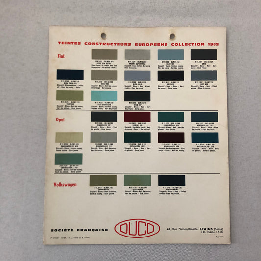 1965 Volkswagen Fiat and Opel Car Paint Chip Color Sample Sheet DUCO