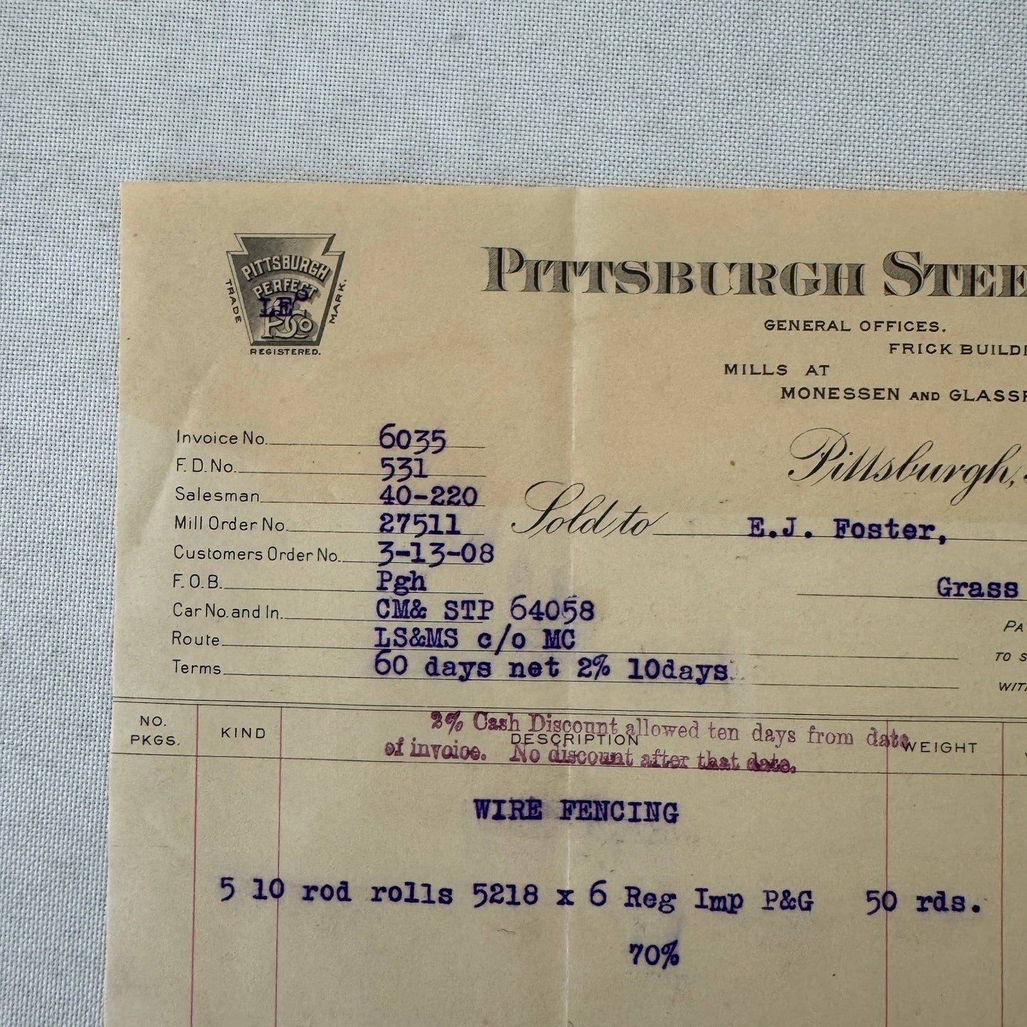 Pittsburgh Steel Company Receipt Invoice Document Letterhead 1908 Vintage